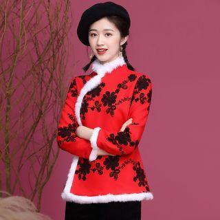 Long-sleeve Floral Embroidered Fluffy Trim Qipao Top