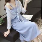 Set: Striped Shirt + Spaghetti Strap Midi A-line Dress