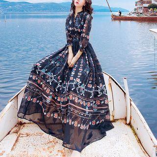 Elbow-sleeve Pattern A-line Maxi Dress