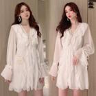 Ruffle Long-sleeve Chiffon Dress White - One Size