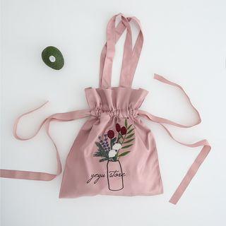 Satin Floral Embroidered Drawstring Tote