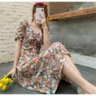 Bubble Sleeve V-neck Floral Print A-line Dress
