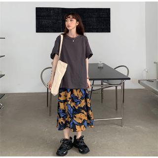 Elbow-sleeve Plain T-shirt / Spaghetti Strap Floral Print Midi A-line Dress