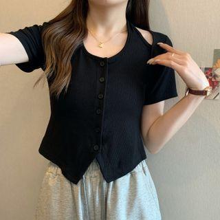 Short-sleeve Halter Button-up Top
