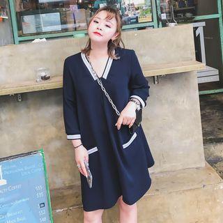 Contrast Trim 3/4-sleeve Chiffon Dress