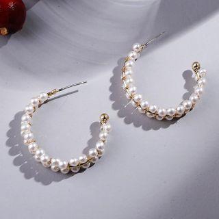 Faux Pearl Open Hoop Earring E68753 - Gold - One Size