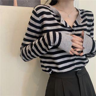 Striped Long-sleeve Cardigan Black & Gray - One Size