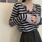 Striped Long-sleeve Cardigan Black & Gray - One Size