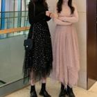 Long-sleeve Mock-neck Glitter Midi A-line Dress