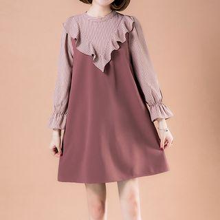 Long-sleeve Striped Panel Ruffle A-line Dress