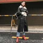 Zip-up Faux-shearling Long Coat Black - One Size