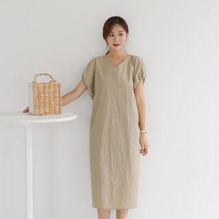 V-neck Puff-sleeve Tie-back Dress
