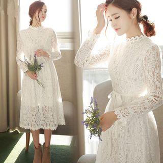 Long Sleeve Trim Mock-neck Gathered-waist Plain Sheath Lace Dress