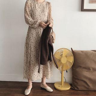 Long-sleeve Floral Print Midi Dress Almond - One Size