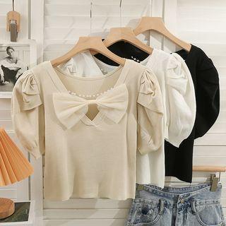 Pearl Ribbon-accent Puff-sleeve Crop T-shirt