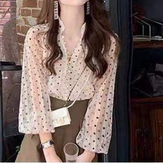 Long-sleeve Band Collar Dot Single Breasted Sheer Chiffon Blouse