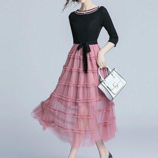 Knitted Panel 3/4-sleeve Midi A-line Dress