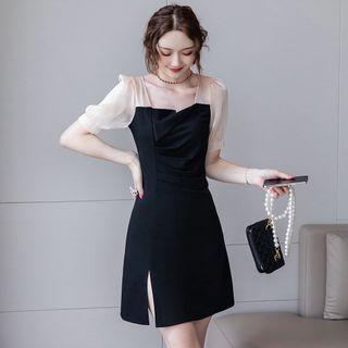 Short-sleeve Two-tone Mesh Panel A-line Dress