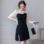 Short-sleeve Two-tone Mesh Panel A-line Dress