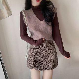 Set: Long-sleeve Mock-neck Top + Knit Vest + Leopard Print Mini Skirt