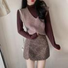 Set: Long-sleeve Mock-neck Top + Knit Vest + Leopard Print Mini Skirt