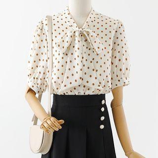 Short-sleeve Dotted Blouse / Midi Pleated Skirt