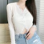 Long-sleeve Button-up Lace Trim Crop Top