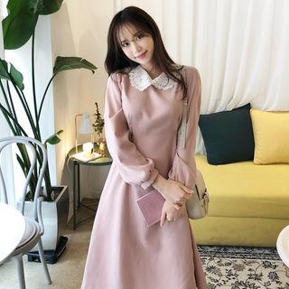 Lace-collar Tie-waist Dress