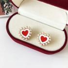 Heart Faux Pearl Alloy Earring 1 Pair - S925 Silver Stud Earring - Red & White - One Size