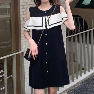Cold-shoulder Two-tone Smock Dress