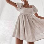Puff Sleeve Square-neck Linen A-line Dress