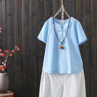 Short-sleeve / 3/4-sleeve Mandarin Collar Linen Top