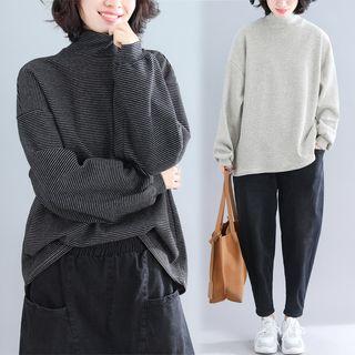 Striped High-neck Lantern-sleeve Sweatshirt