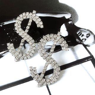 Rhinestone Dollar Sign Earring 1 Pair - Silver Needle - As Shown In Figure - One Size