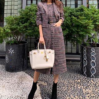 Set: Buttoned Tweed Jacket + Sleeveless Midi Dress