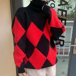 Turtleneck Diamond Pattern Sweater Red & Black - One Size