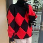 Turtleneck Diamond Pattern Sweater Red & Black - One Size