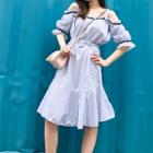 Elbow-sleeve Cold Shoulder Striped A-line Midi Dress