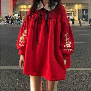 Color-block Puff-sleeve Dress / Faux Fur Lace-up Collar