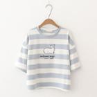 Whale Print Elbow Sleeve Striped T-shirt