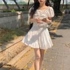 Puff-sleeve Off-shoulder Top / Ruffle Mini Skirt