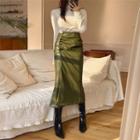 Button-trim Faux-leather Long Skirt