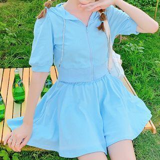 Set: Short-sleeve Hooded Zip Top + Wide Leg Shorts