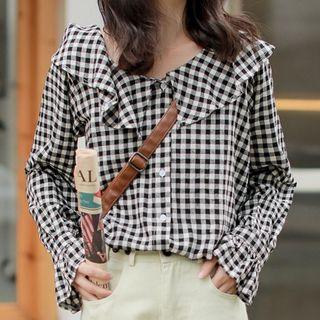 Long-sleeve Ruffled Plaid Top Black - One Size