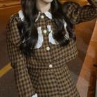 Set: Plaid Lace Trim Cropped Button-up Jacket + High Waist Midi A-line Skirt