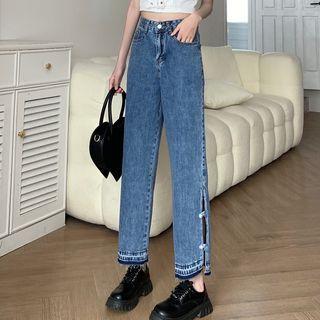 Mid Rise Beaded Straight Leg Cropped Jeans