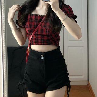 Short-sleeve Plaid Cropped Blouse / Drawstring Hot Pants / Set