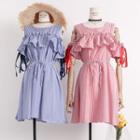 Off-shoulder Ruffled-trim Striped A-line Dress