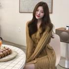 Button-front Tie-waist Midi Sweater Dress