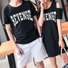 Couple Matching Short-sleeve Lettering T-shirt / Short-sleeve Cutout Mini Dress